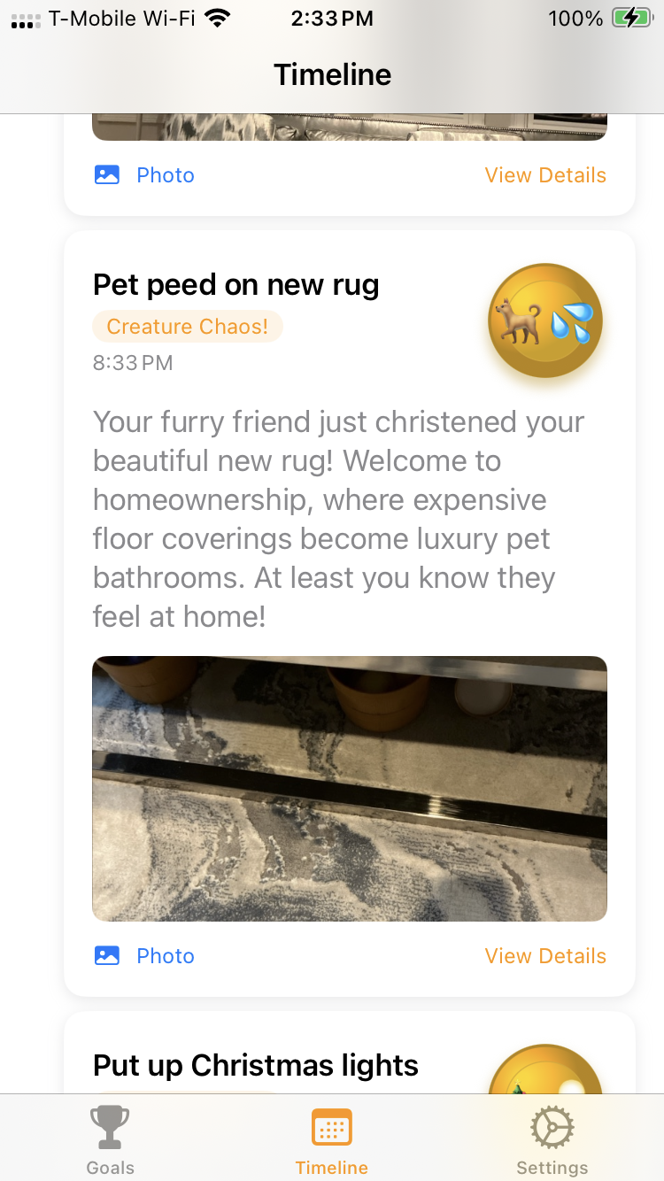 Progress timeline of Goals