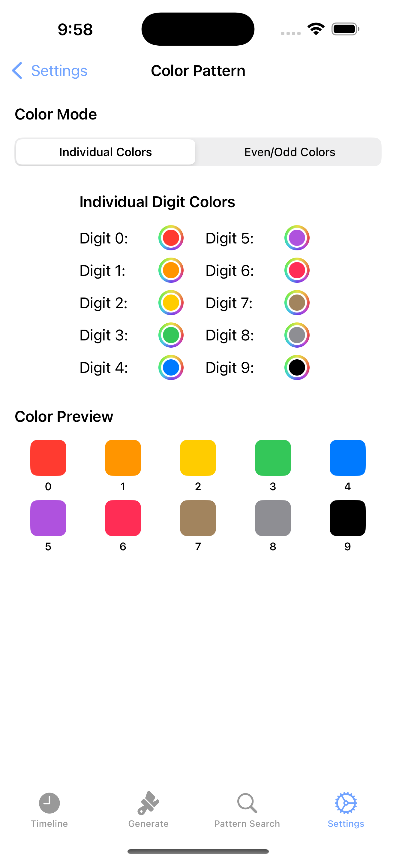 Color settings for digits 0-9